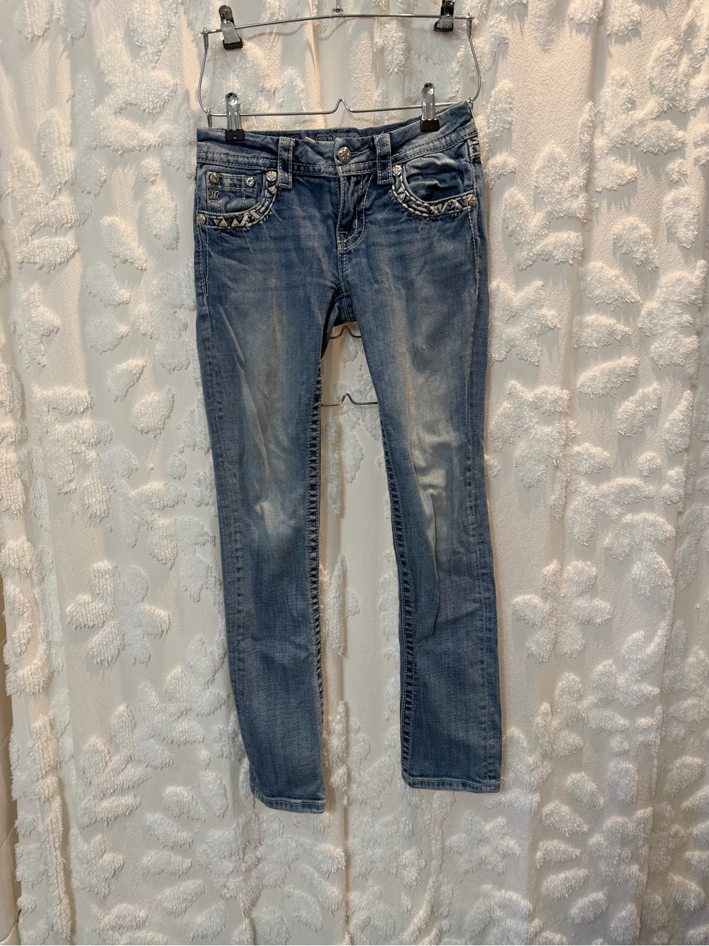 Y2K Miss Me blue denim jeans with silver studs and rhinestone